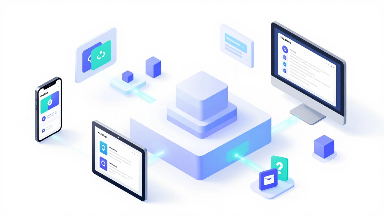 Isometric view of headless CMS connecting to multiple frontend devices