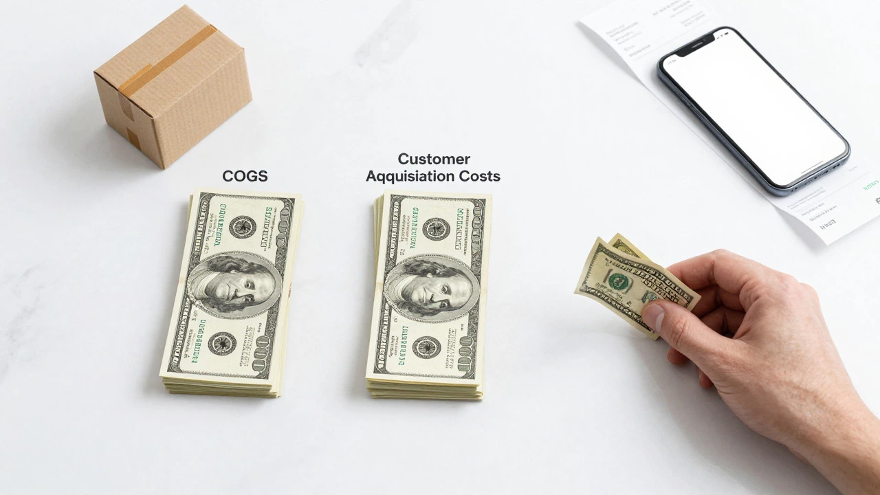 Money split into large cost piles and tiny profit, illustrating thin margins.