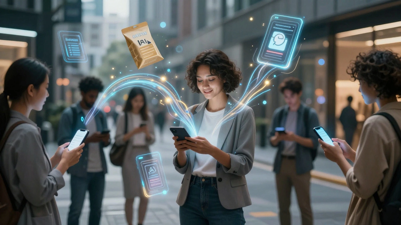 People interacting with glowing digital data streams representing personalized shopping