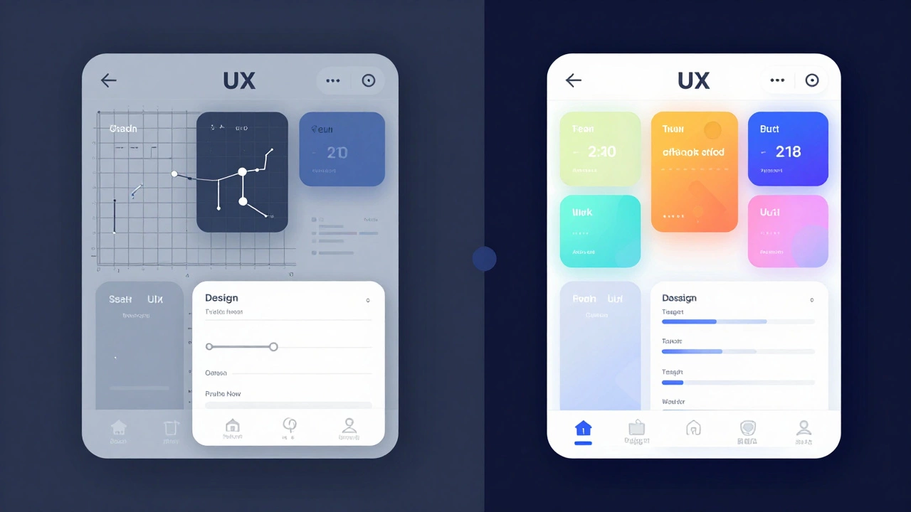 Split illustration contrasting logical UX structure with visual UI design