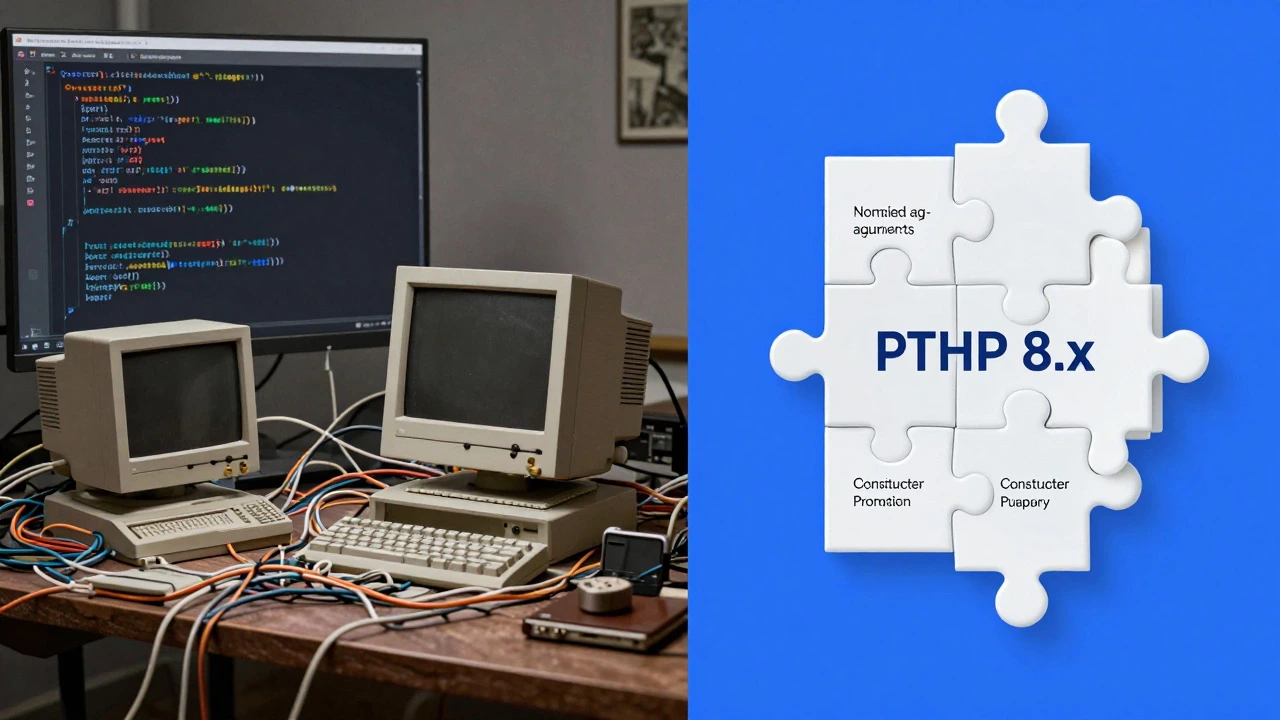 Split view comparing messy legacy code with clean, modern modular PHP structures.
