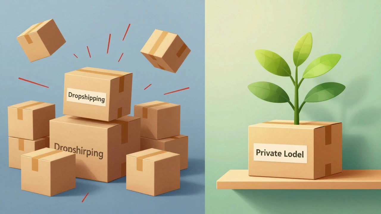 Split view contrasting chaotic dropshipping with stable private label branding.