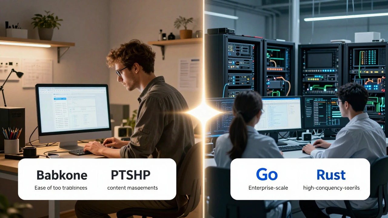 Split view of PHP workshop and high-tech Go/Rust lab