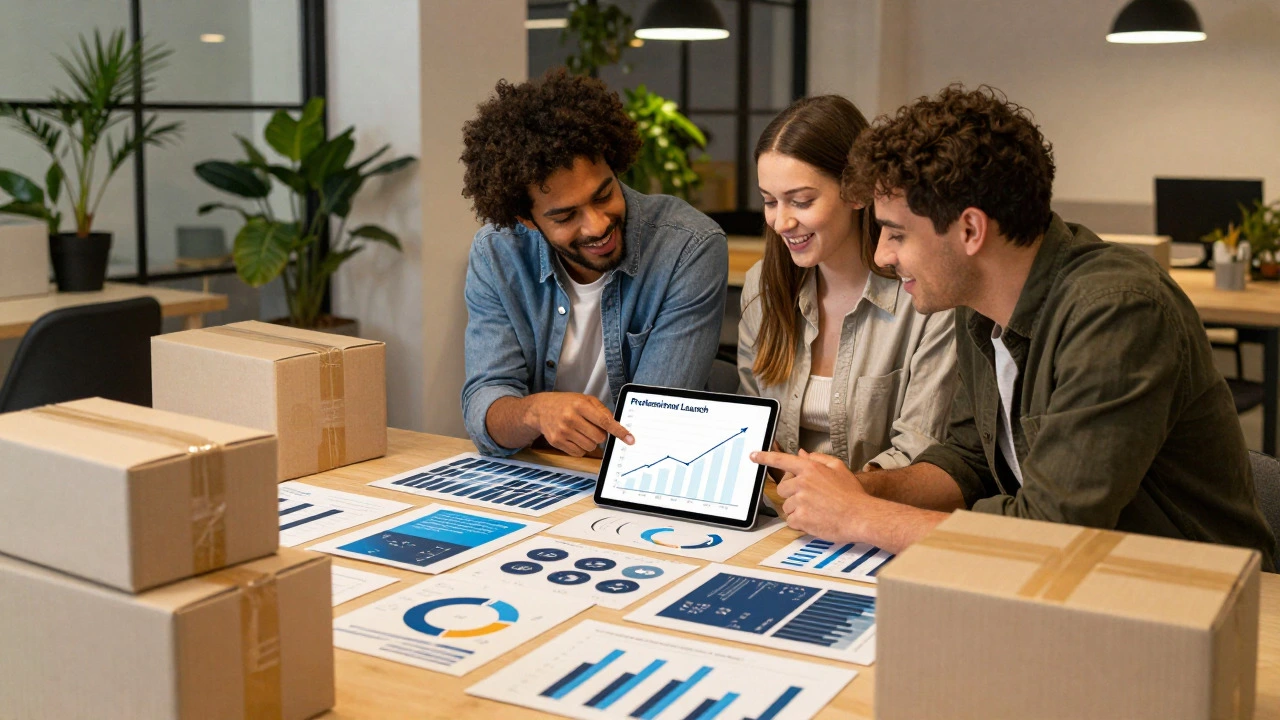 Team celebrating e-commerce growth with products and data
