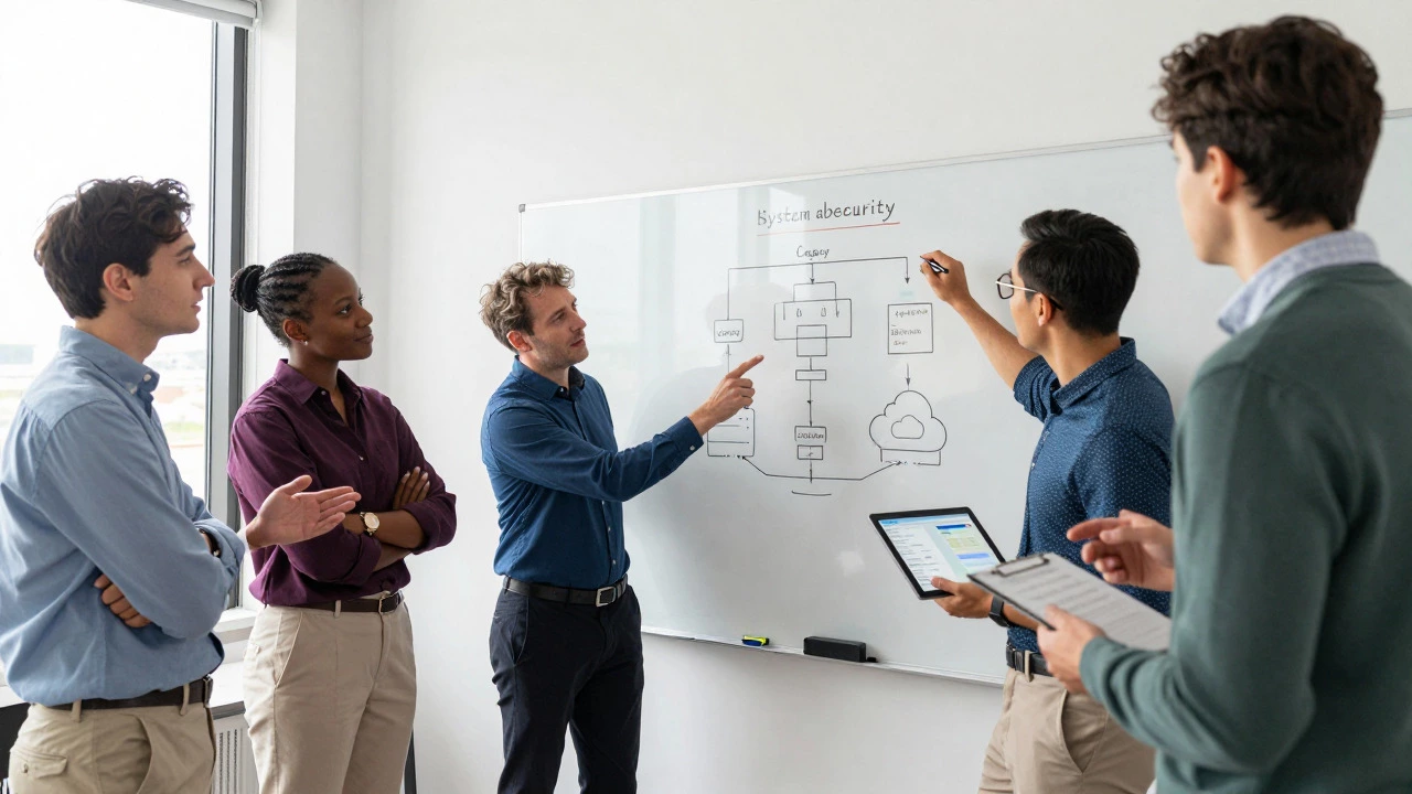 Team discussing strategy and UX around a whiteboard