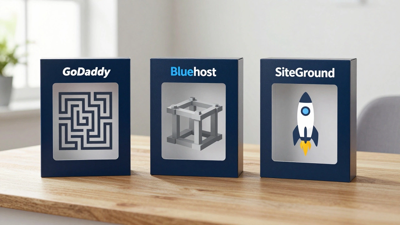 Three hosting service boxes on a table symbolizing different values like speed and complexity
