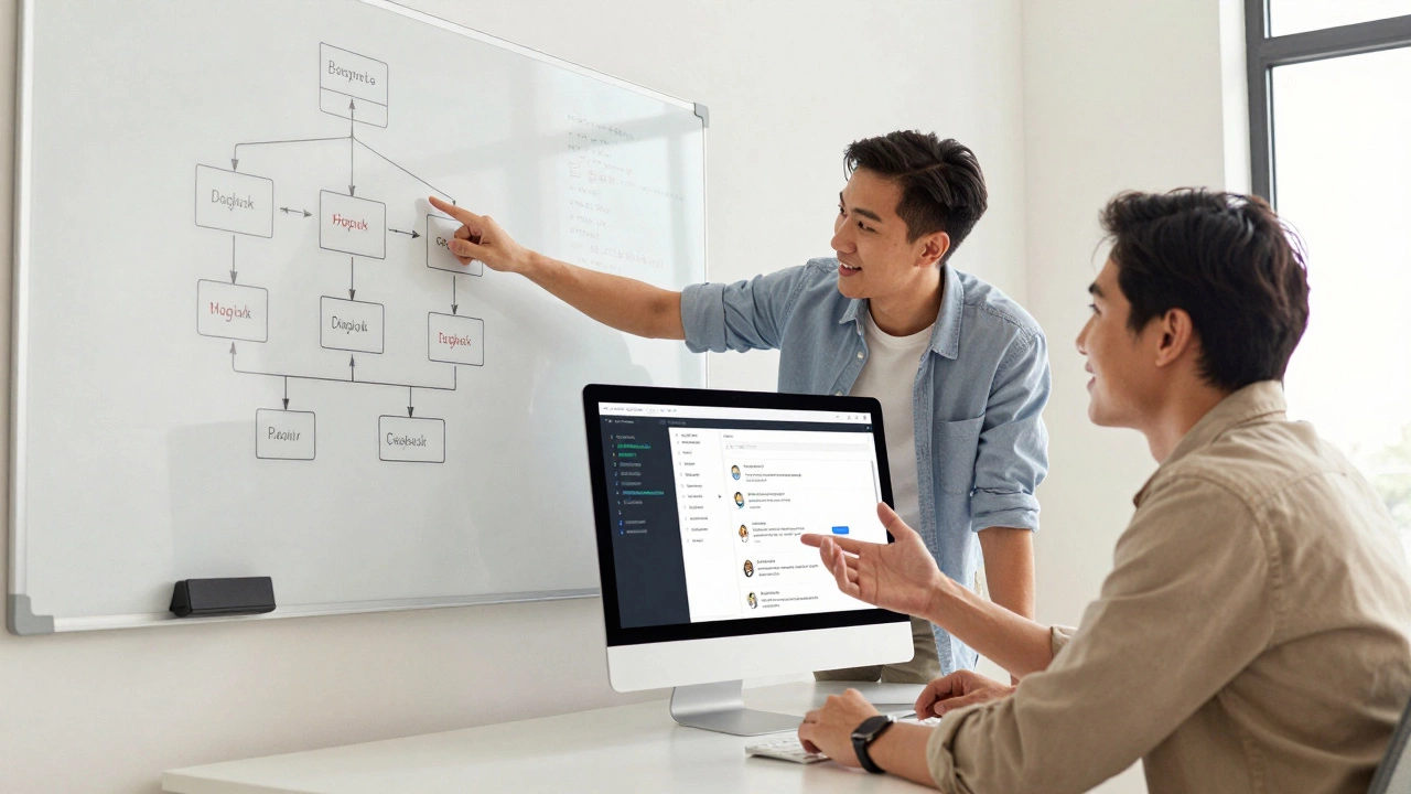 Two developers collaborating on backend logic and frontend design