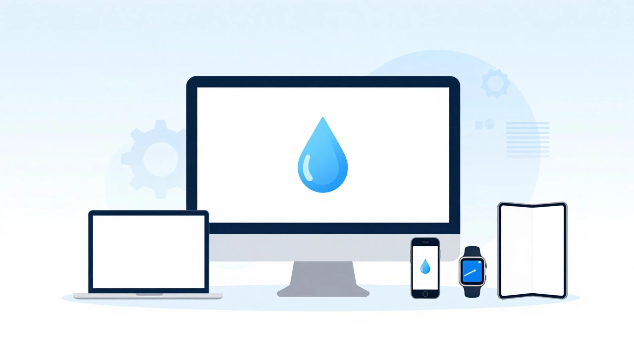 Water drop morphing into various device screens illustrating fluid responsive design