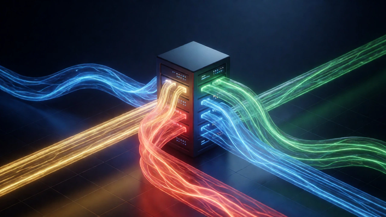 Abstract 3D visualization of diverse traffic streams converging into a website asset
