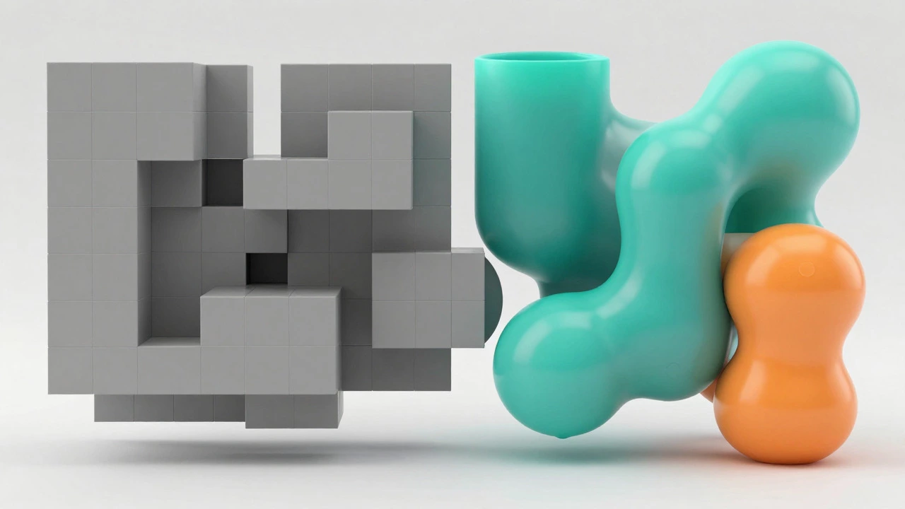 Abstract art showing rigid boxes transforming into fluid shapes representing responsive design