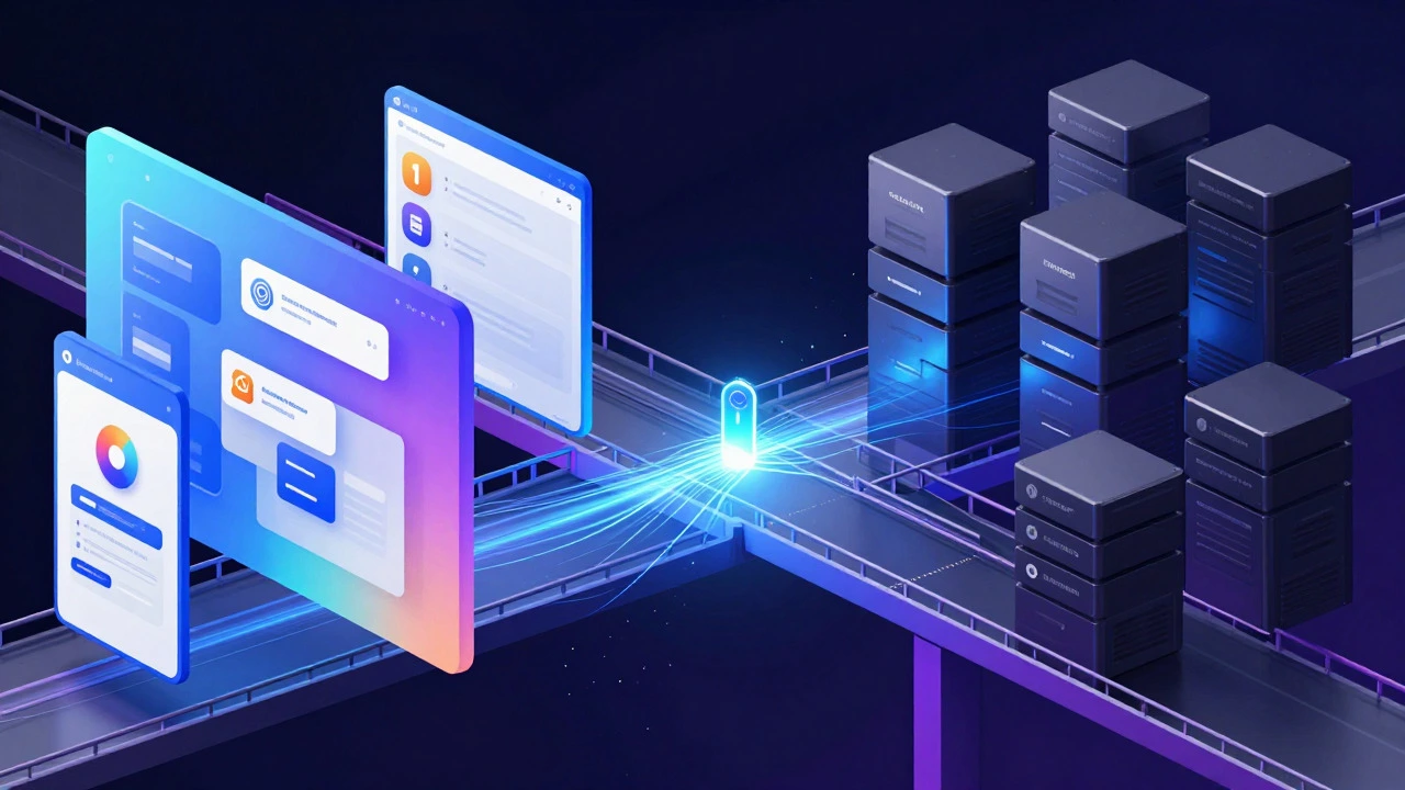Abstract digital art showing a glowing bridge connecting colorful UI shapes to dark server blocks