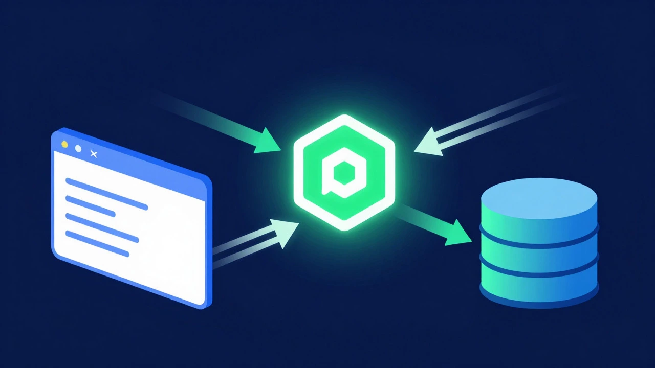 Abstract digital art showing data flow between a browser, Node.js hub, and database