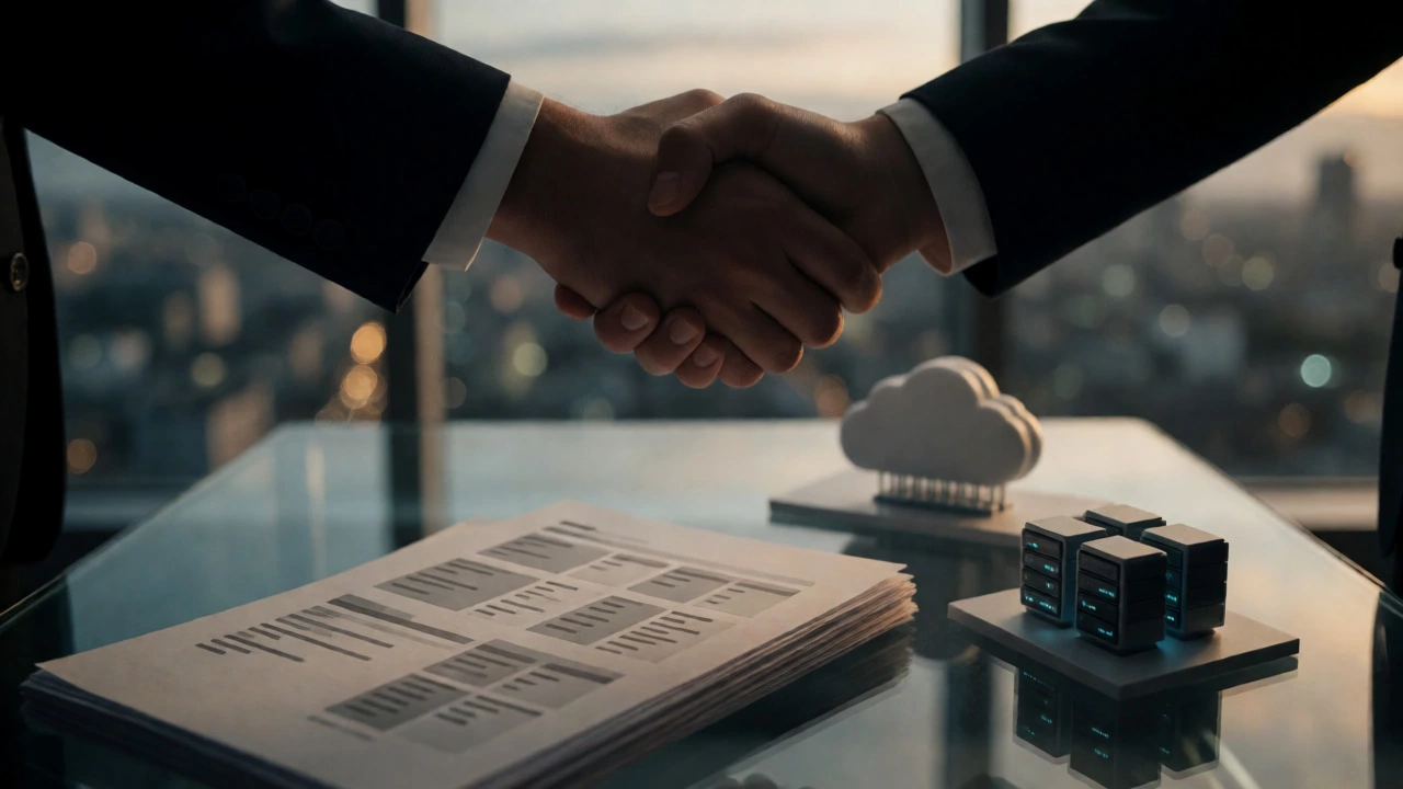 Business handshake over a glass table with server models and documents