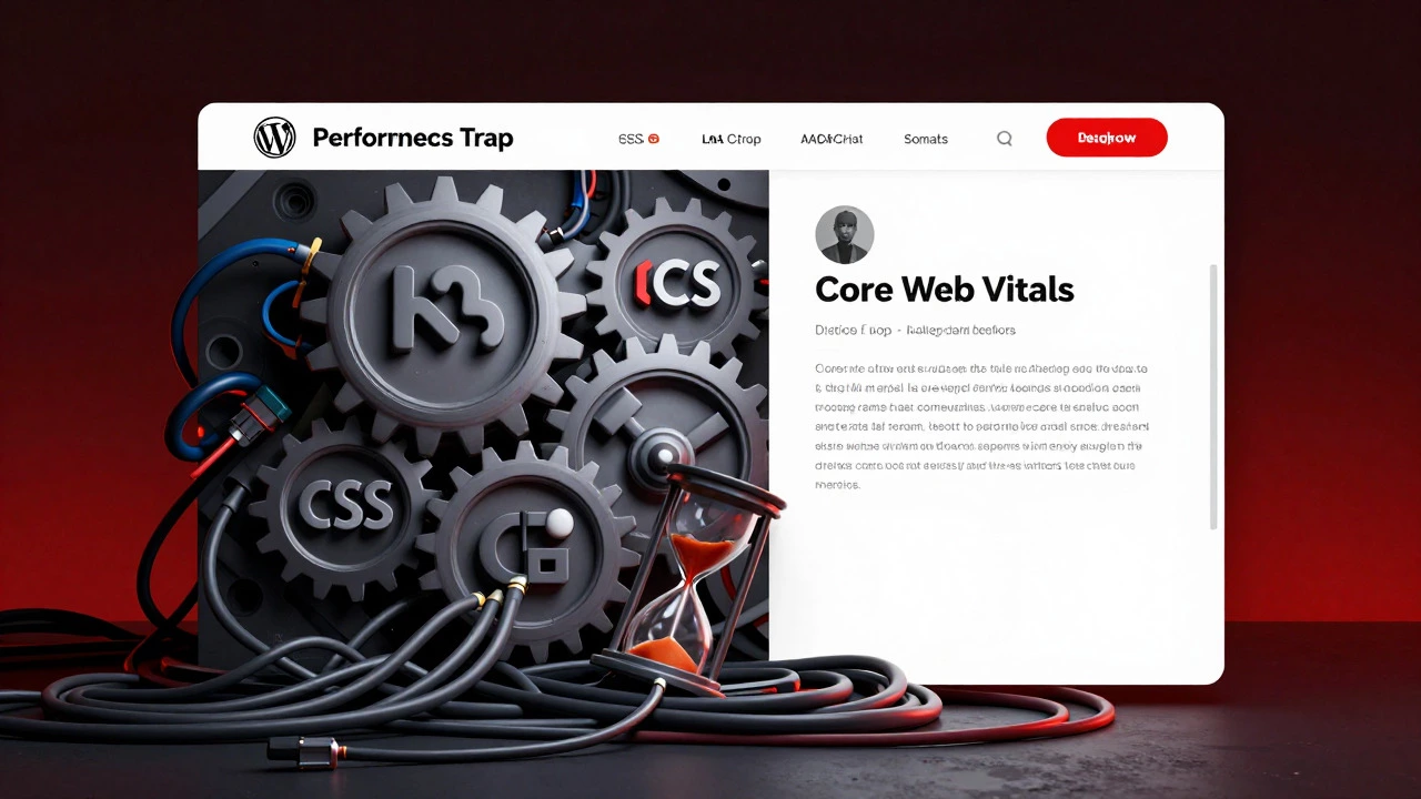 Chaotic gears and cables crushing an hourglass, symbolizing slow web performance