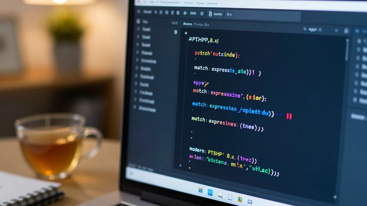 Clean modern PHP code on a monitor in a cozy office