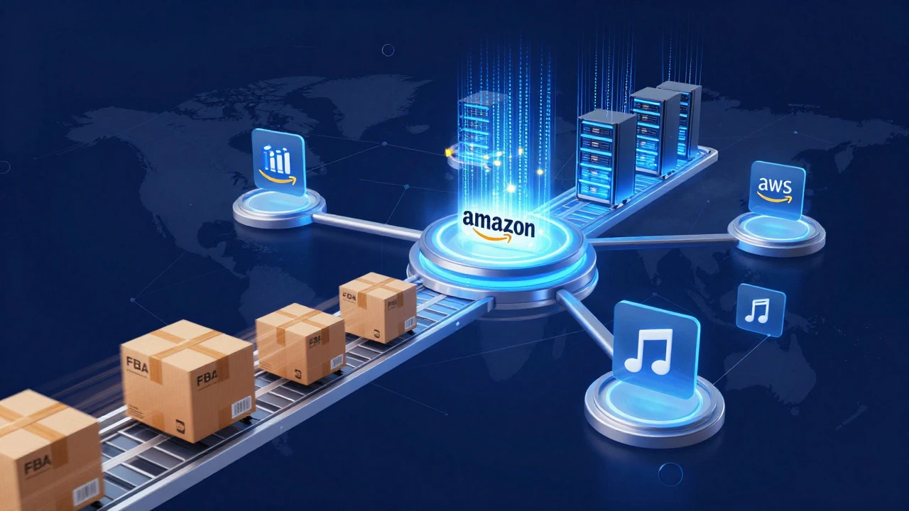 Conceptual art showing Amazon's retail, cloud computing, and digital media networks