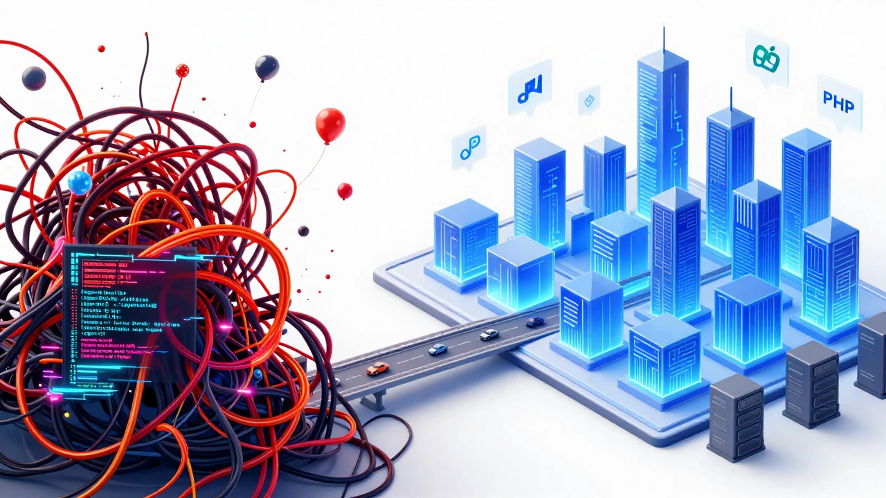 Conceptual art showing chaotic legacy code versus structured modern PHP architecture