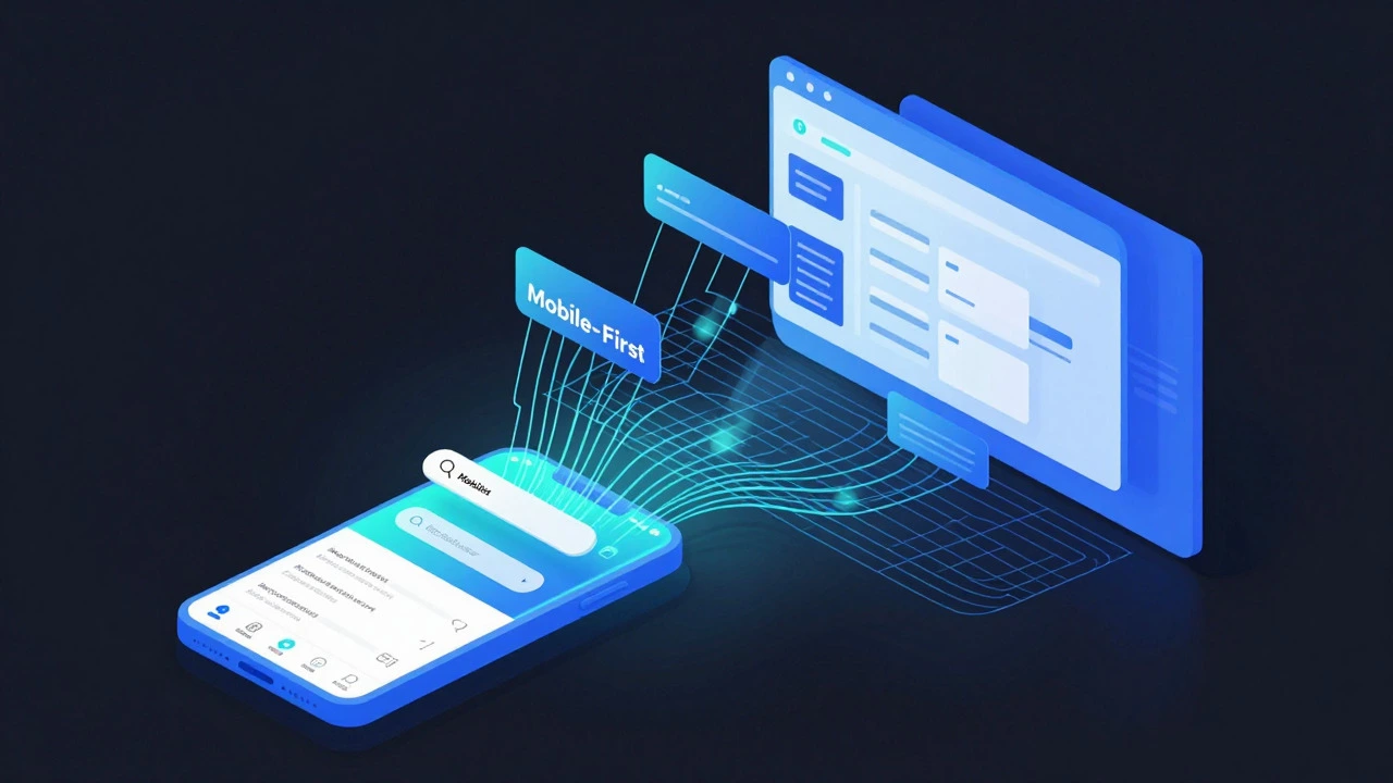 Conceptual art showing mobile-first design expanding to desktop