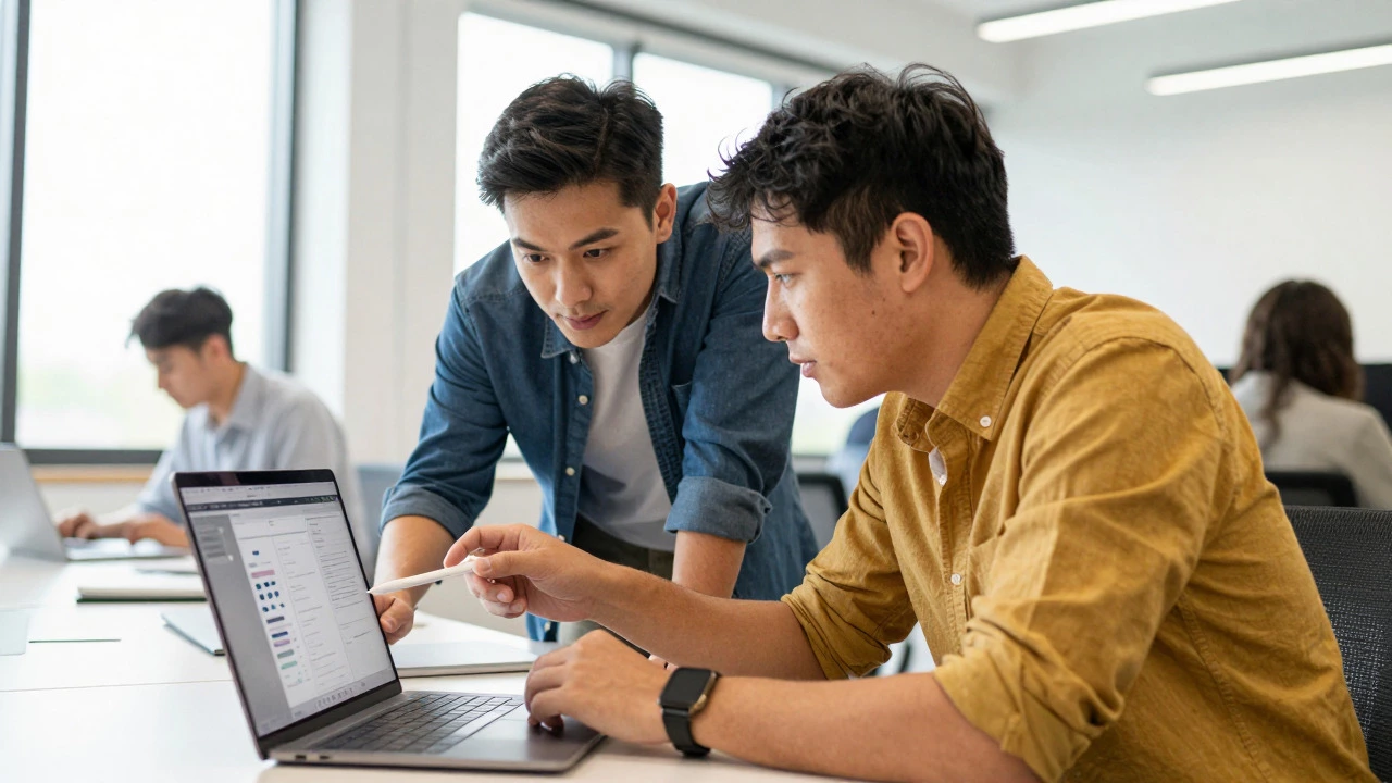 Developer and designer collaborating over a laptop in an office