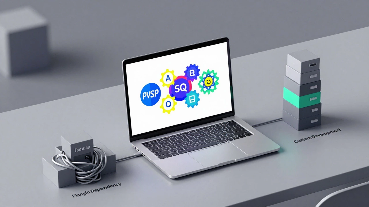 Developer desk with interlocking tech logos and metaphors for the WordPress learning curve.