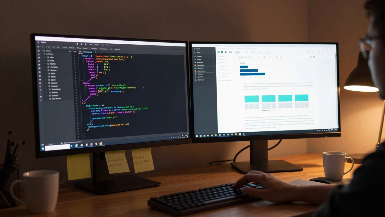 Developer workspace with code editor and WordPress dashboard on dual monitors