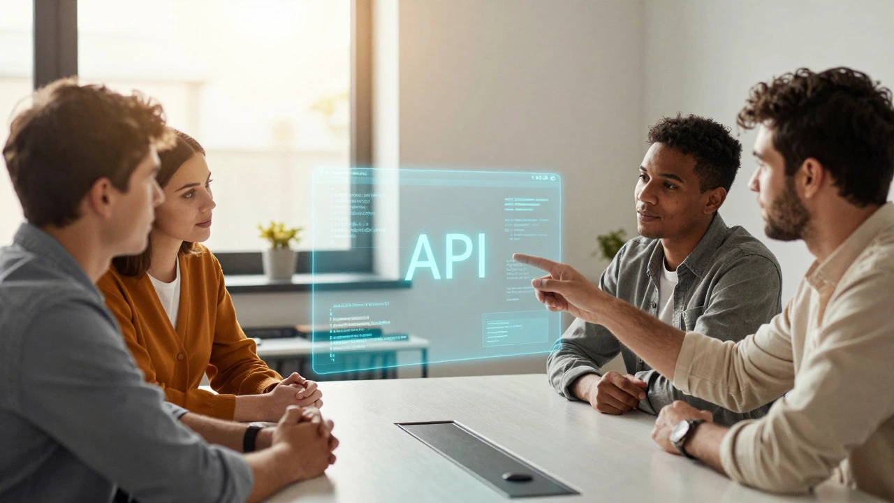 Developers collaborating over holographic API diagrams