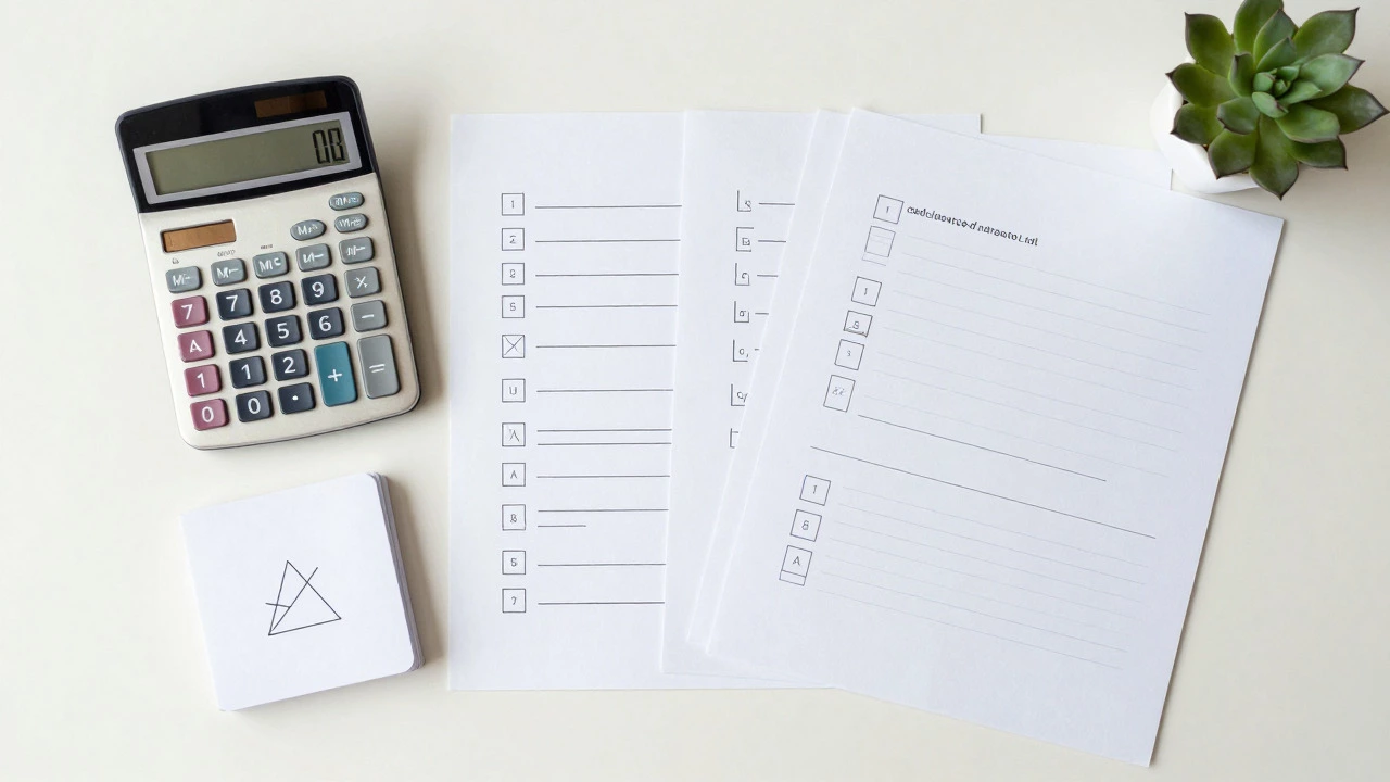 Flat-lay of data structure cards and a calculator representing Python data analysis