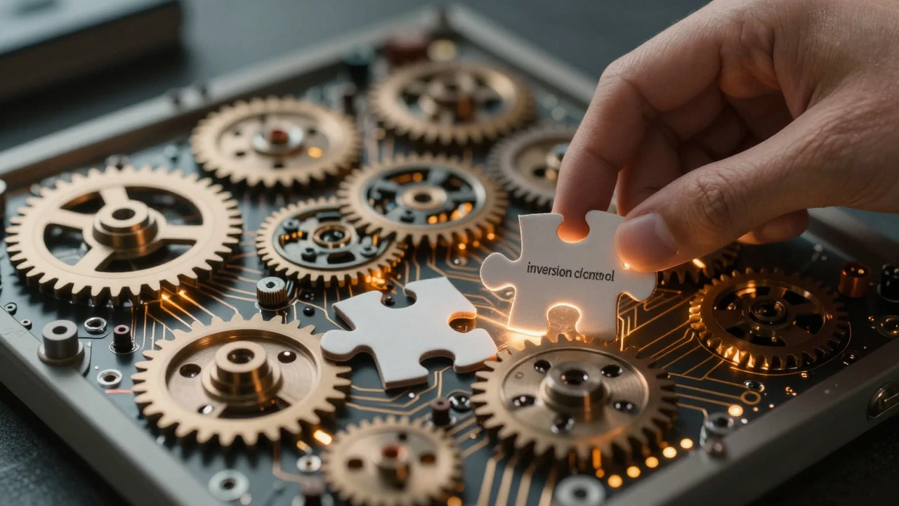 Hand placing a puzzle piece into a complex glowing machine representing code structure