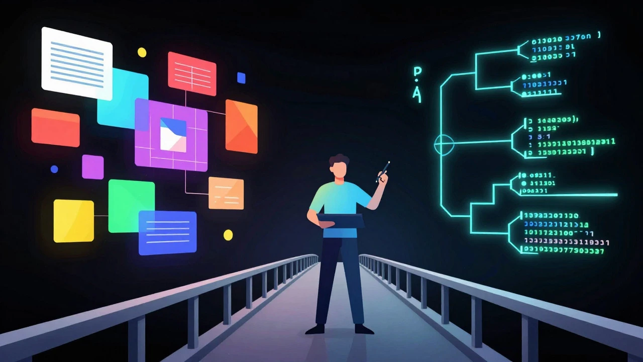 Illustration of a person bridging design shapes and code structures in a dark space