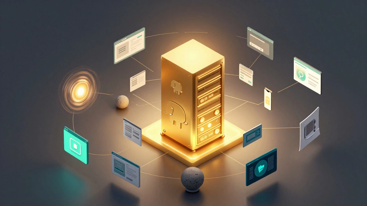 Isometric view of a central PHP server supporting a vast network of web applications