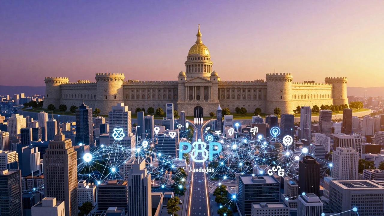 Metaphorical cityscape contrasting vast JS ecosystem with stable PHP infrastructure.