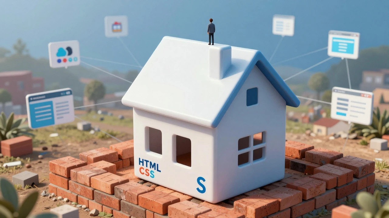 Metaphorical illustration of building a digital house with HTML foundation