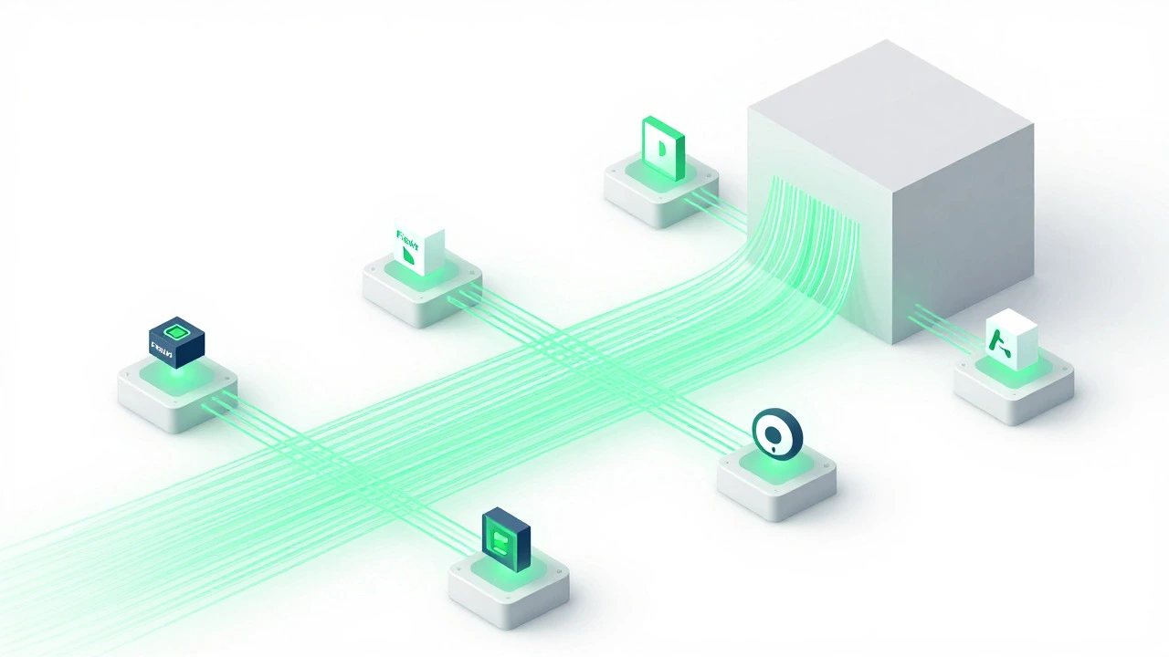 Neon data streams flowing through lightweight microservice nodes