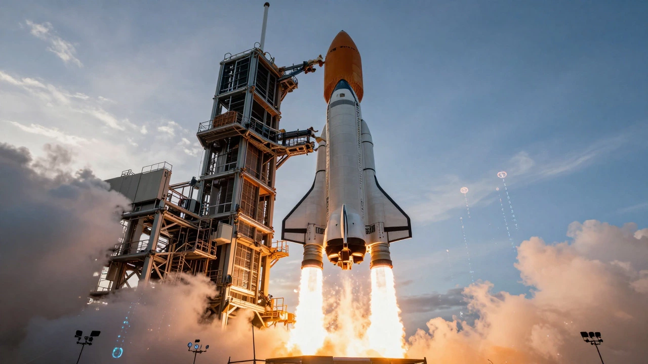 Rocket made of server hardware launching into a sunrise