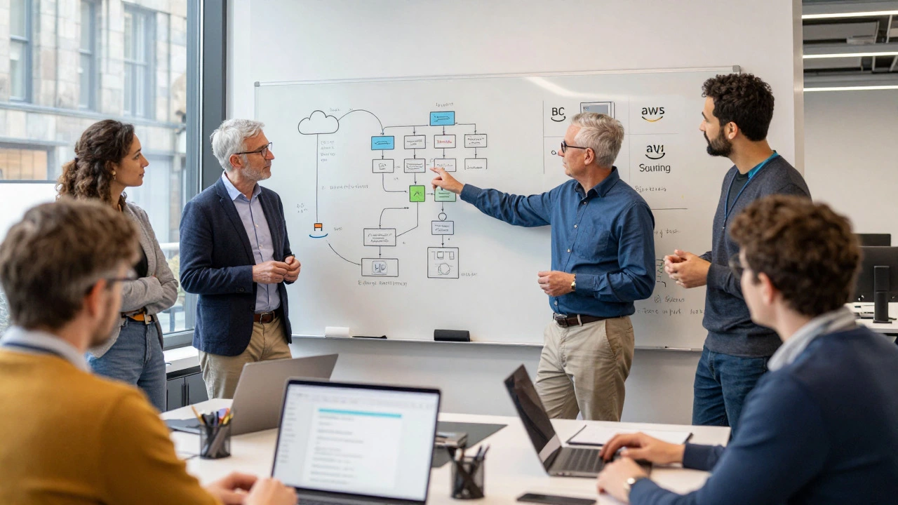 Senior engineers collaborating on system architecture in a modern office