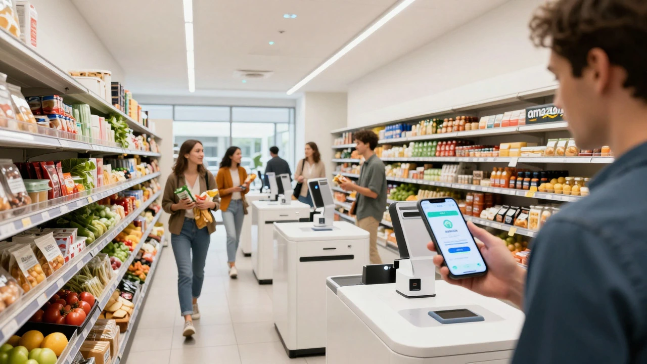 Shoppers in a futuristic cashier-less grocery store using mobile payment technology