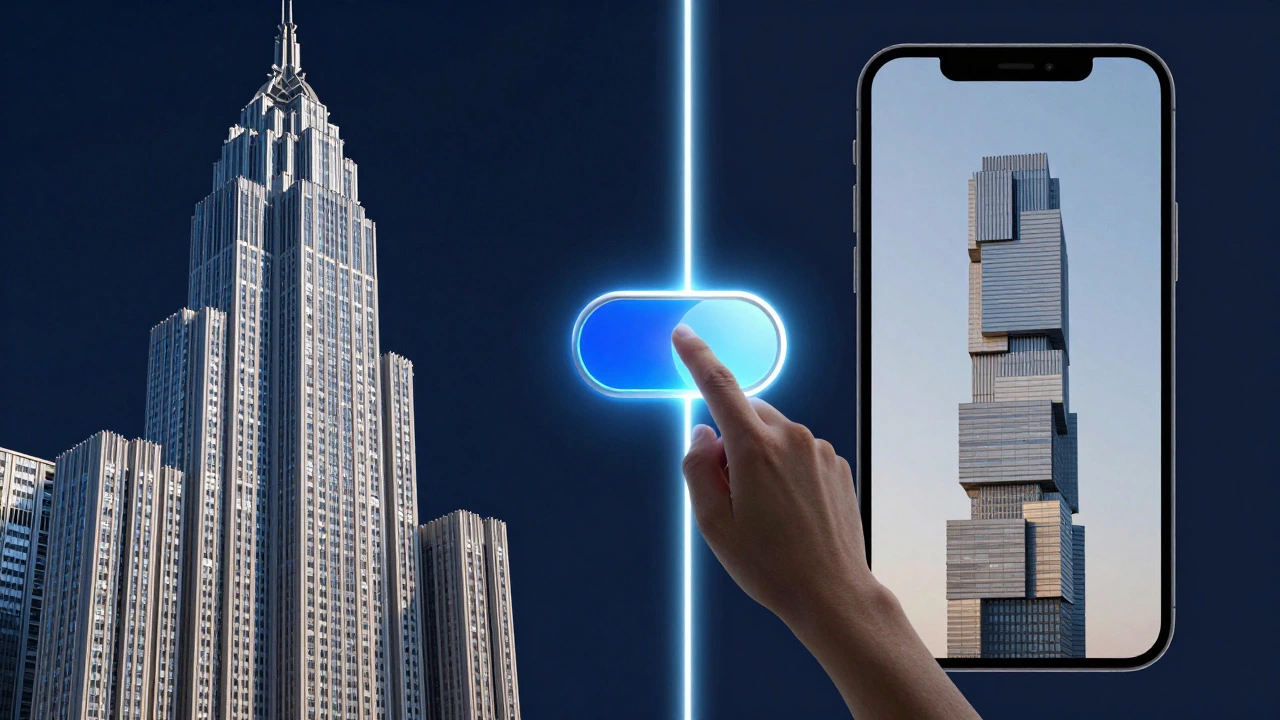 Split-screen art showing a complex structure transforming into a simple stack via a glowing toggle switch