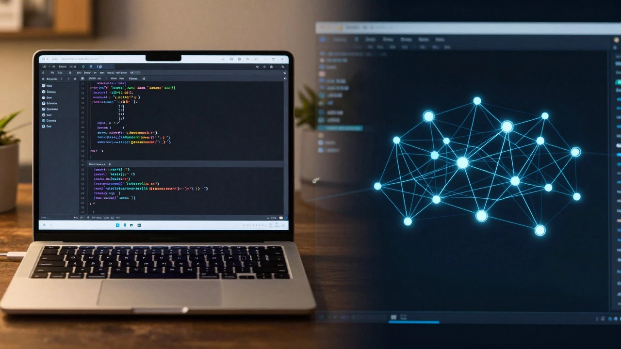 Split view of a laptop code editor and a cloud server network visualization