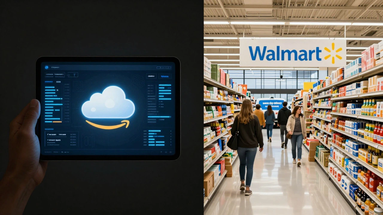 Split view of digital interface and physical store showing retail competition