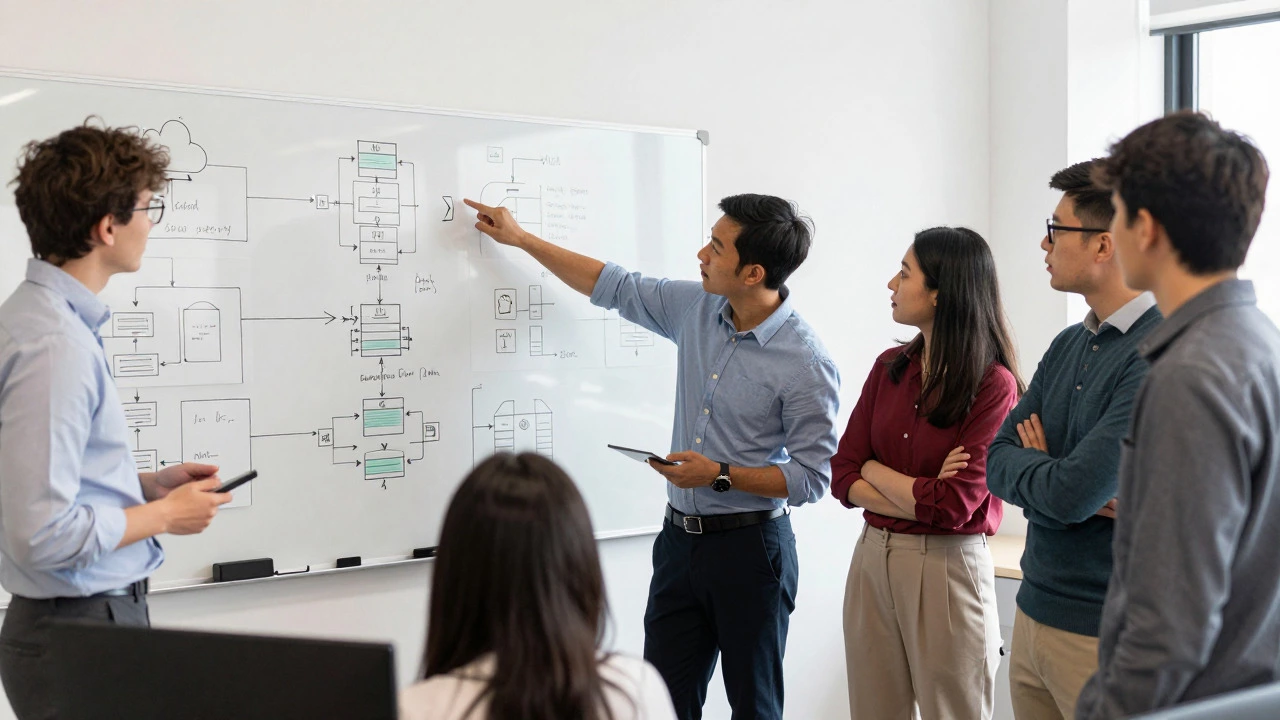 Team discussing system design and security on a whiteboard