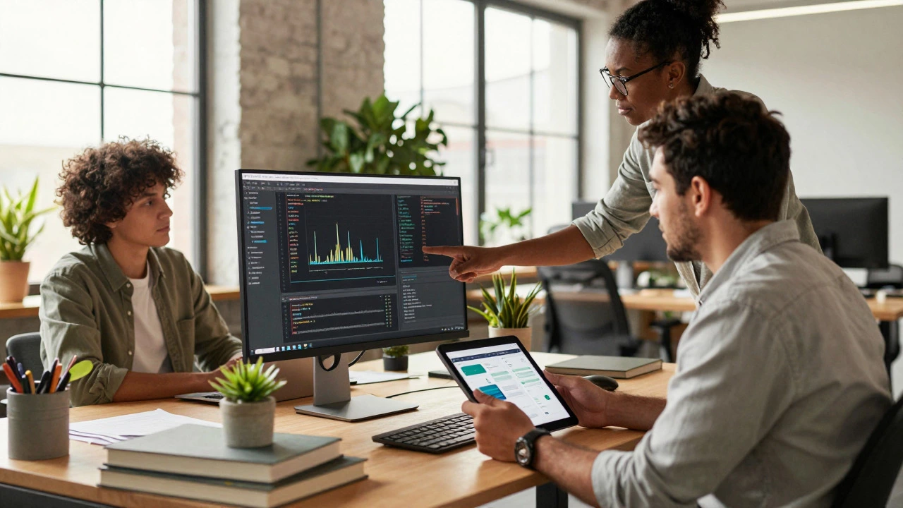 Team of developers collaborating on code and performance optimization in a modern office.