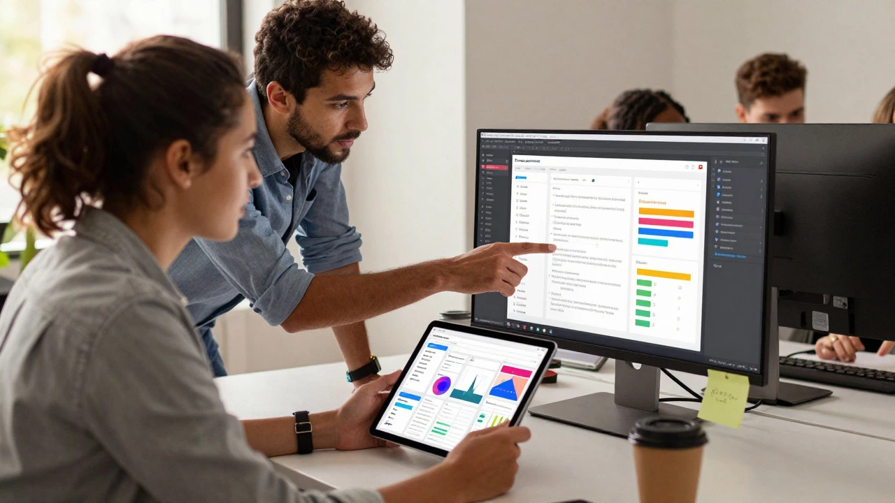 UI designer and developer collaborating over a computer screen in an office