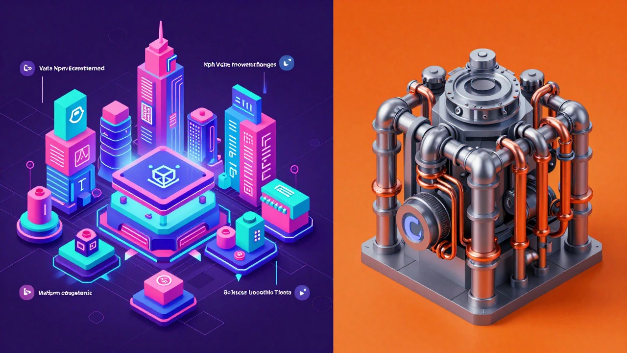 Vibrant modular city vs stable industrial engine room comparison