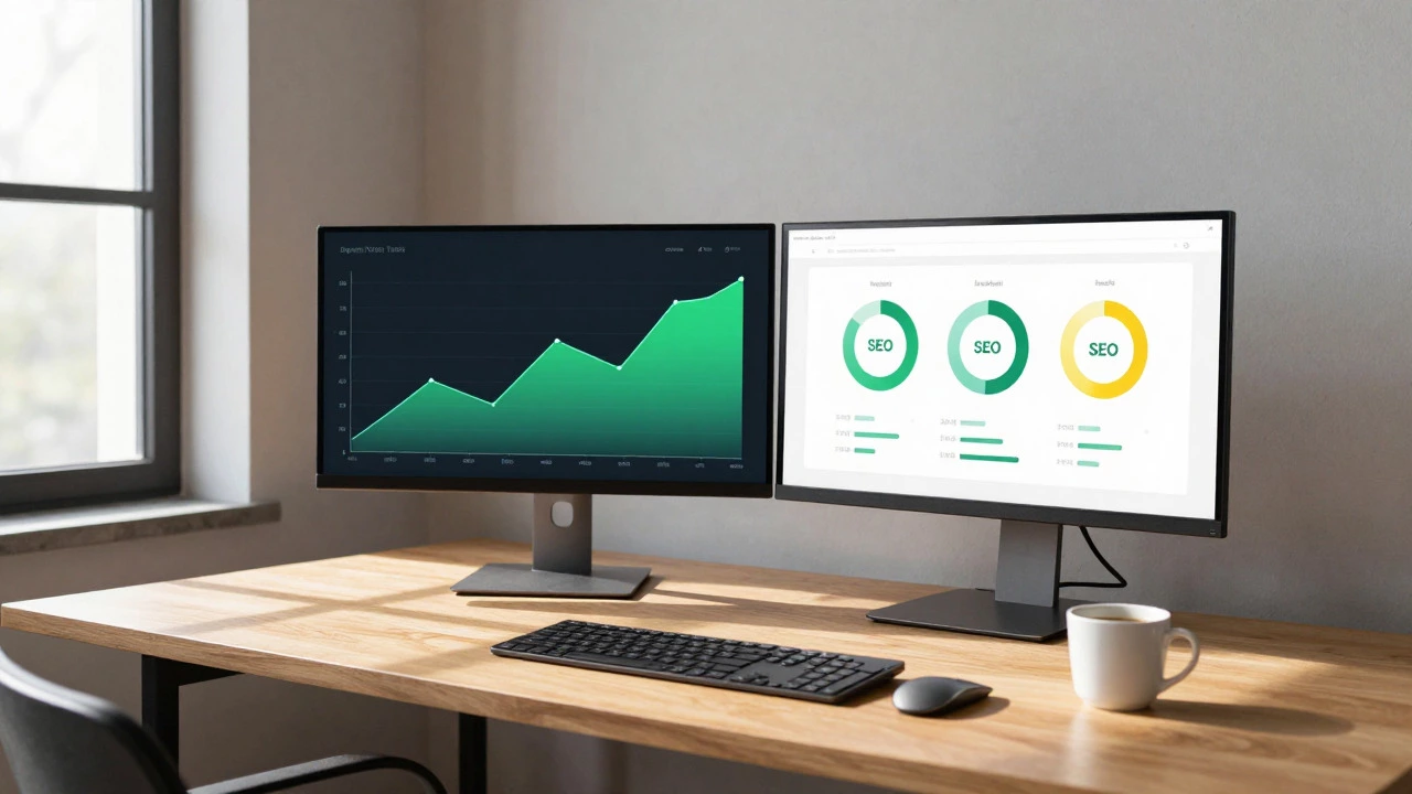 Workspace with monitors showing abstract graphs and progress indicators in natural light