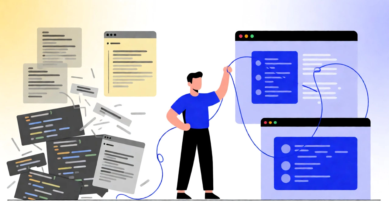 A developer connecting frontend and backend with unified JavaScript, leaving fragmented PHP behind.