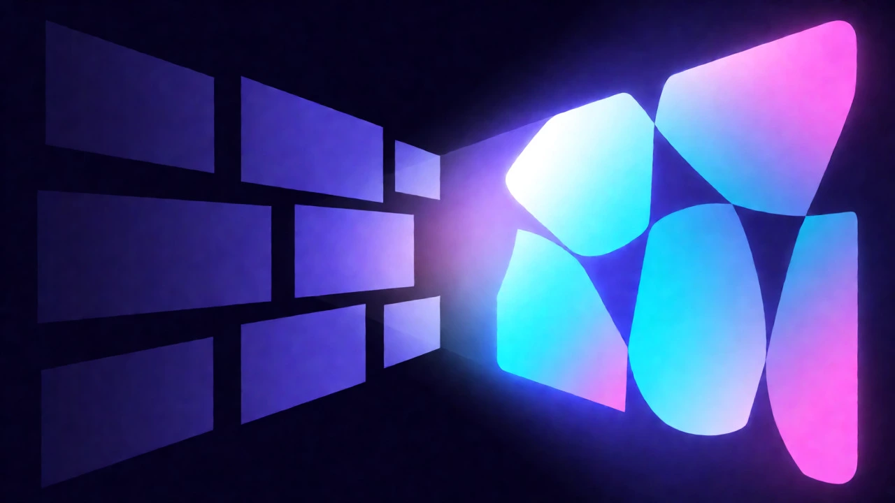 Abstract visualization of web design evolving from rigid grids to fluid containers.