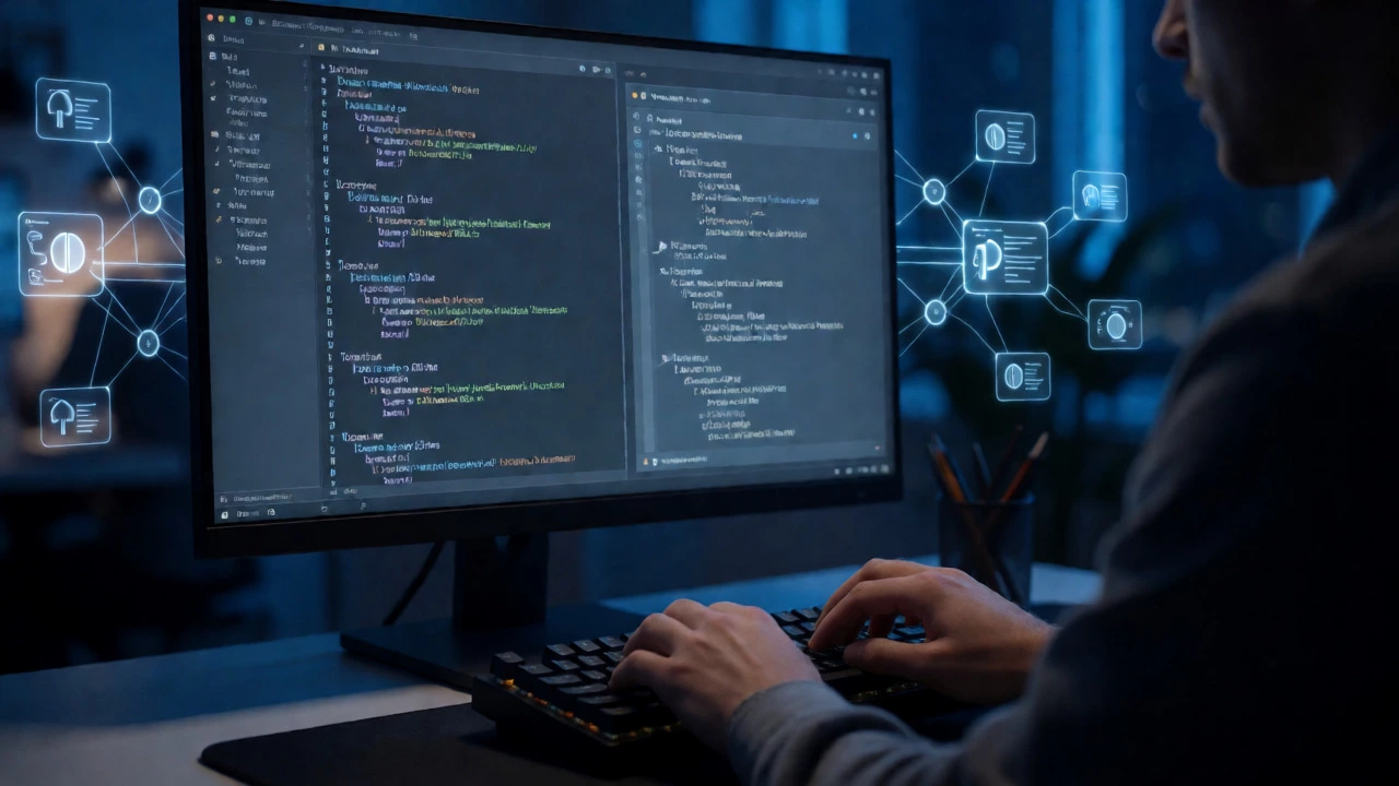 Coder working on backend Node.js server and database connections at night