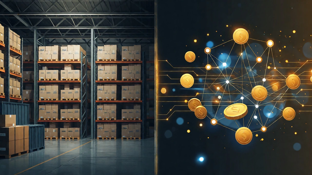 Conceptual art contrasting heavy physical B2C warehouses with light digital marketplace networks.