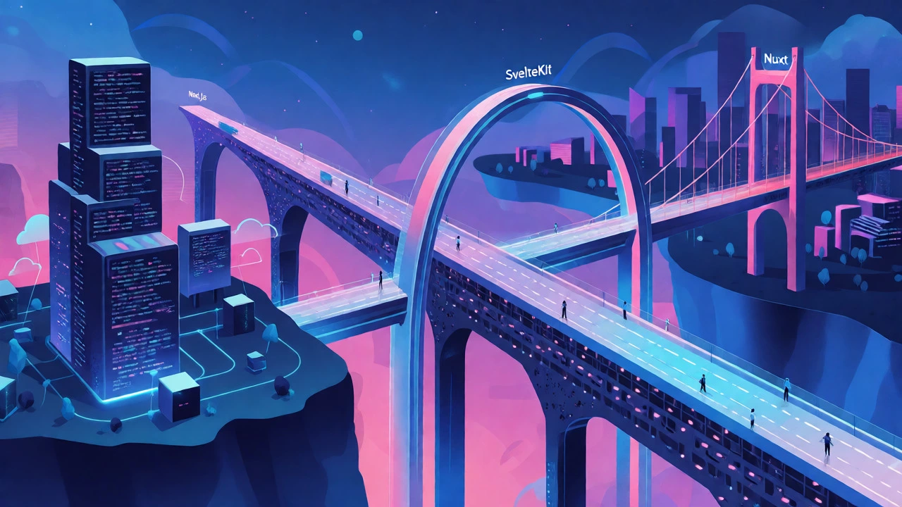 Conceptual art showing meta-frameworks as bridges connecting servers and users.