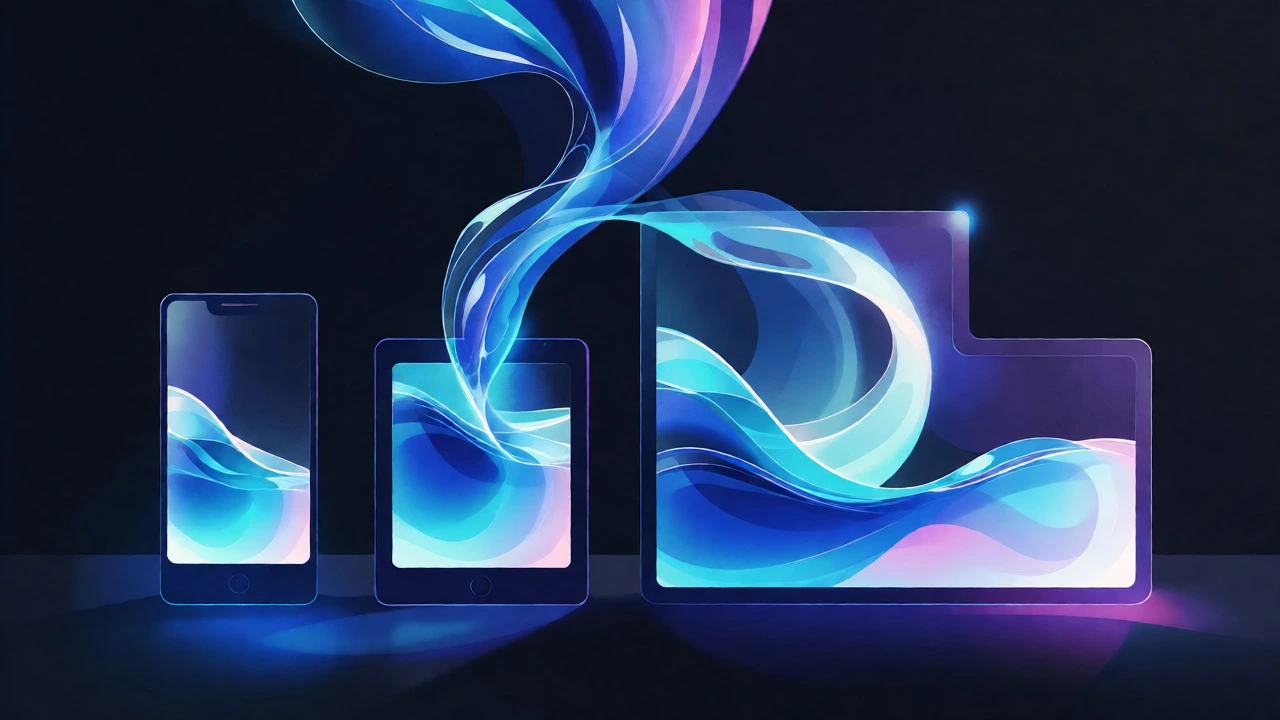 Conceptual illustration of fluid blue liquid filling various screen-shaped containers.